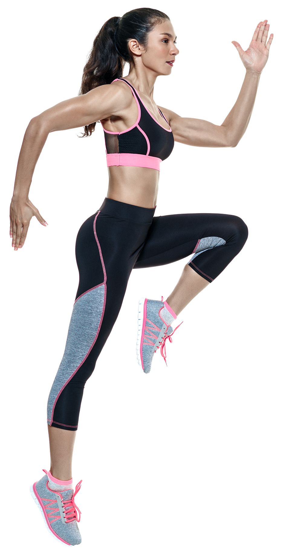 Woman running using the MyZone armband.